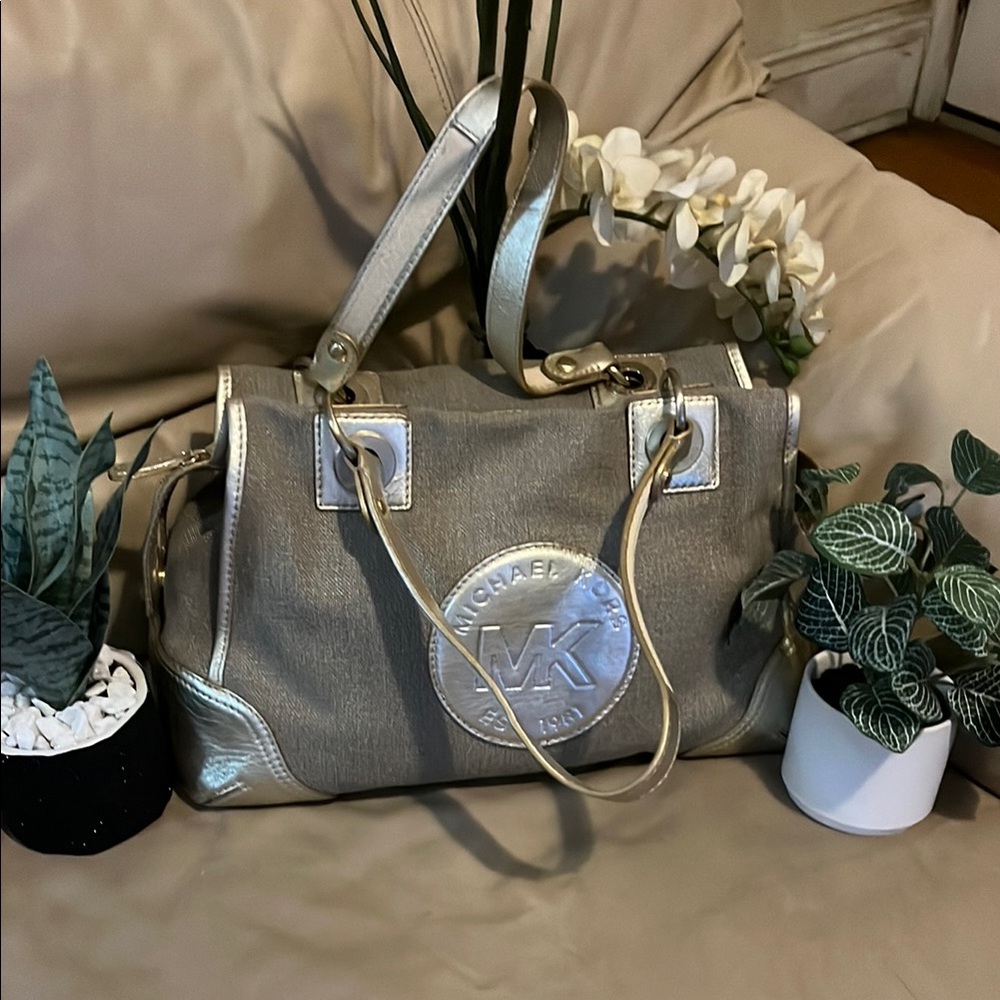 Michael Kors Silver Satchel with Structured Design